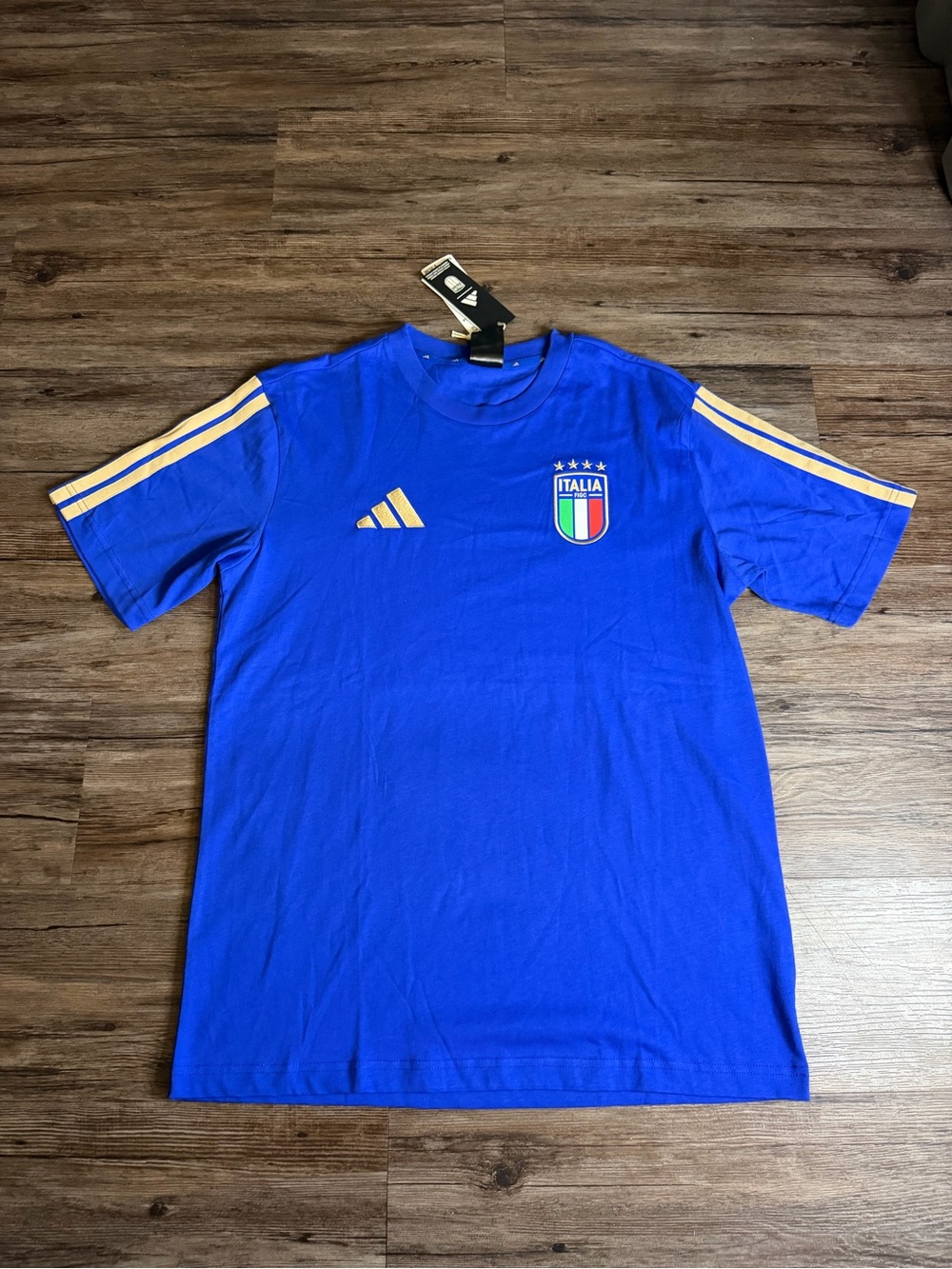 Adidas Italy FIGC Soccer Shirt Blue/Gold 3-Stripes $35 NWT Men’s Size M